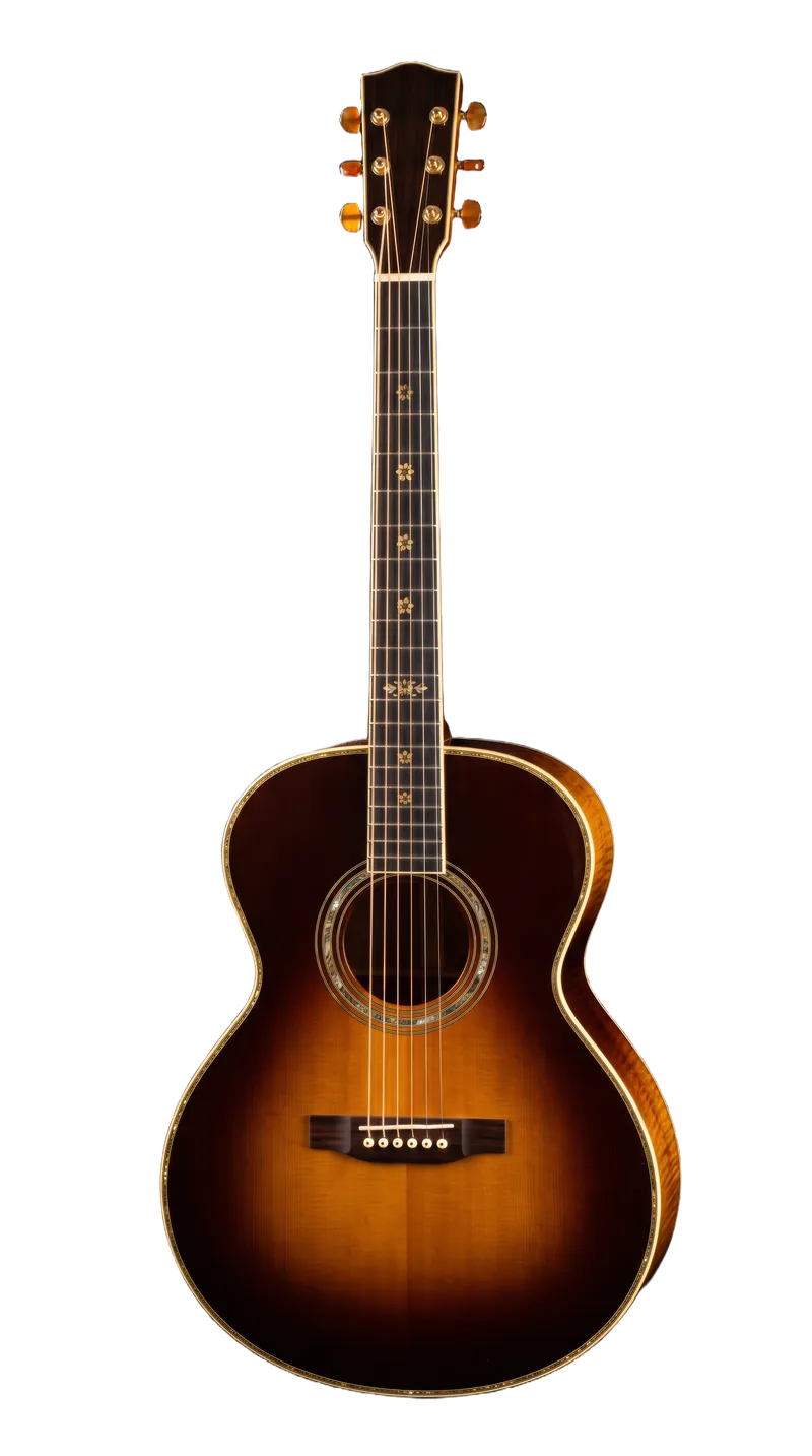 A round-shouldered jumbo acoustic in a cola-brown sunburst with flamed maple sides and amber tuner buttons, standing upright against pure black, small gold flowers inlaid down its fingerboard to a bouquet at the twelfth fret.