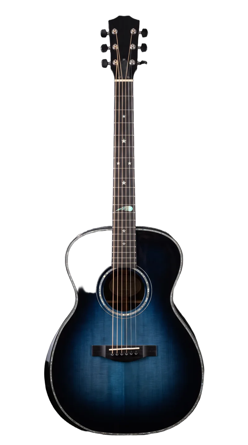 A concert-size acoustic in midnight-blue flamed maple fading to black at its rim, standing upright against pure black, pearl stars inlaid down its fingerboard and an abalone comet at the twelfth fret.